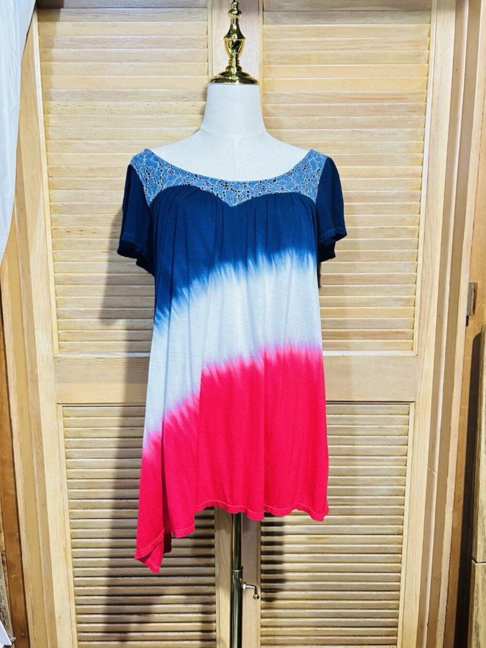 One World Womens Americana Dip Dye Lace Yoke Scoop Neck Short Sleeve Top Size L